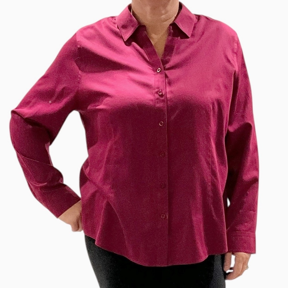 Chicos Women Burgundy No Iron Long Sleeve Button Down Blouse Top Size 3 (16/18)